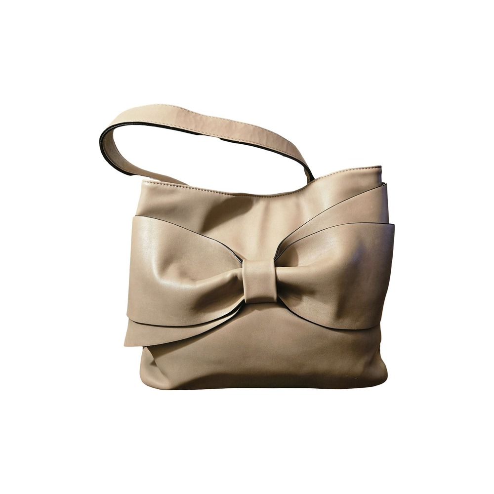 Betsey Johnson Tan Faux Leather Bow Shoulder Bag with Floral Lining and Strap